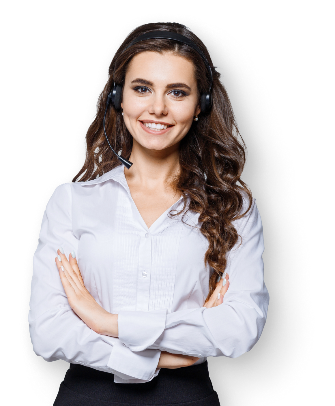 A woman wearing a wireless headset is smiling at the camera, showing that UsenetServer offers 24/7 customer support.