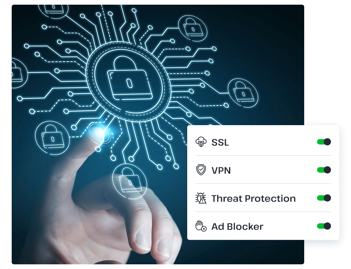 A finger presses a digital display of a lock surrounded by circuit board lines, showing that UsenetServer offers unbeatable security and protection.