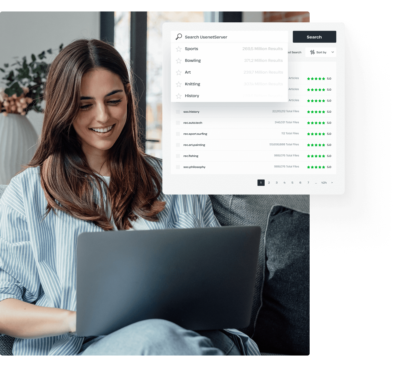A woman uses a laptop in her living room, searching for articles on Usenet with UsenetServer as her provider.