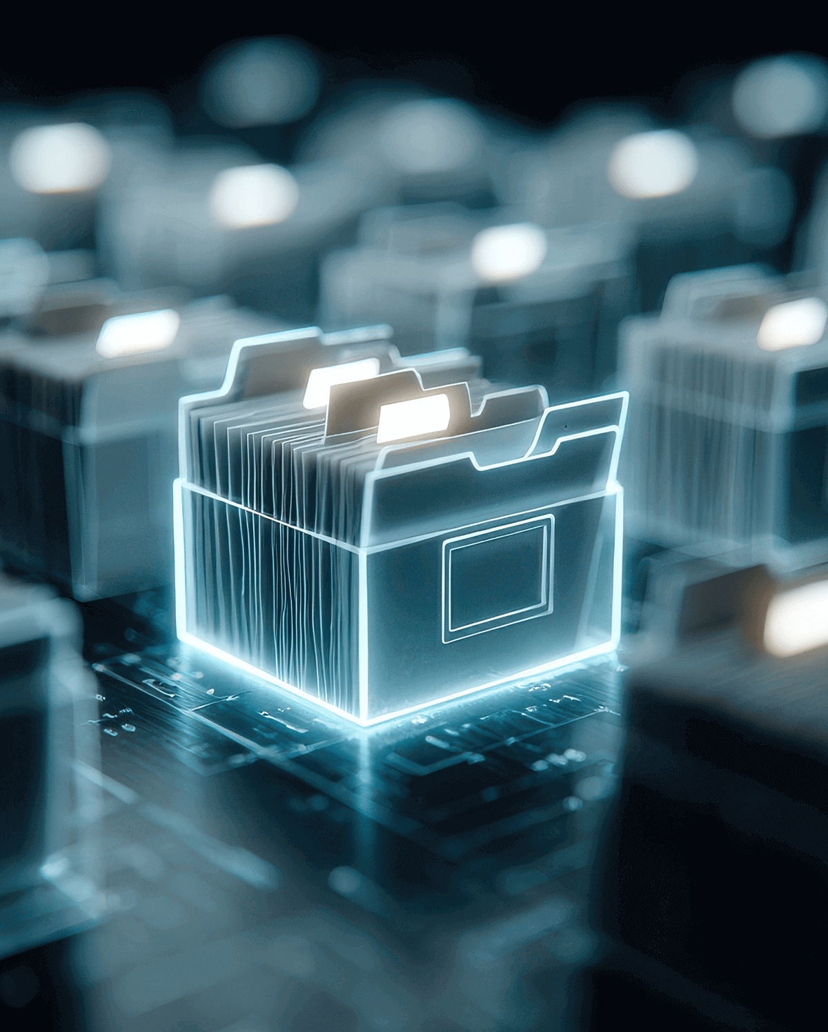A digital landscape has a glowing, translucent file box on it filled with glowing file folders.