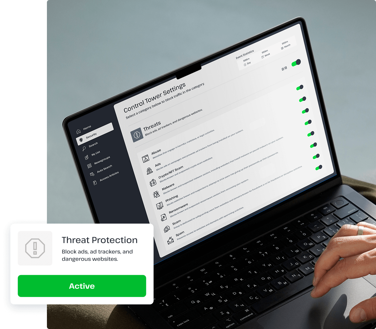 A laptop is open to show UsenetServer’s VPN’s control panel, which helps users stop possible threats and invasive pop-ups on their device.