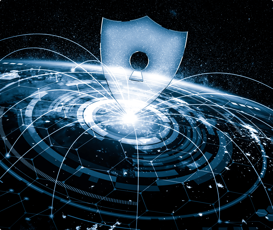 A shield sending electronic lines across the globe, symbolizing unlimited security for UsenetServer users around the world.