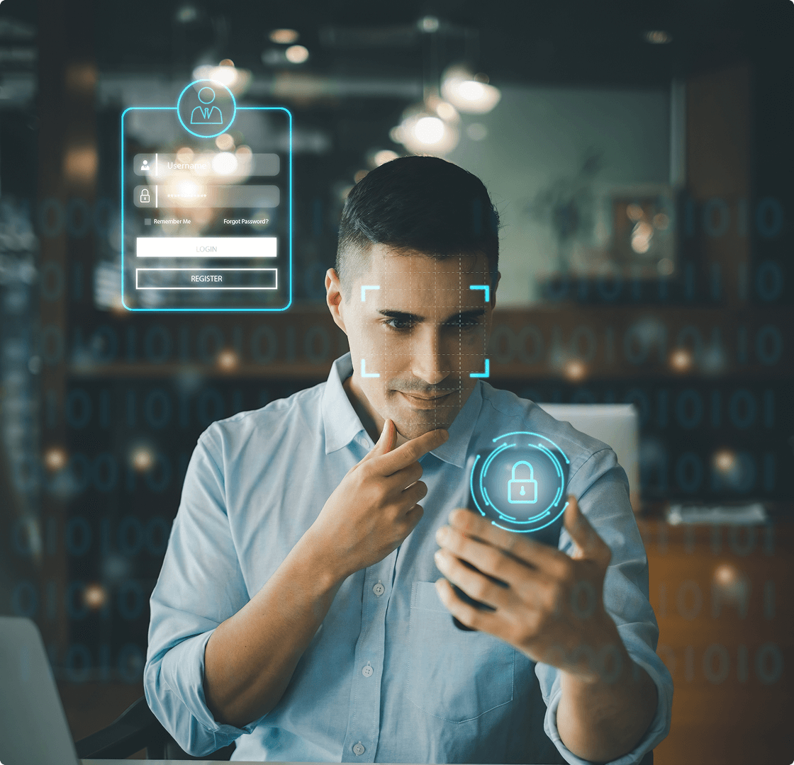 A man looks at a mobile phone that is connected to UsenetServer’s VPN with threat protection activated.