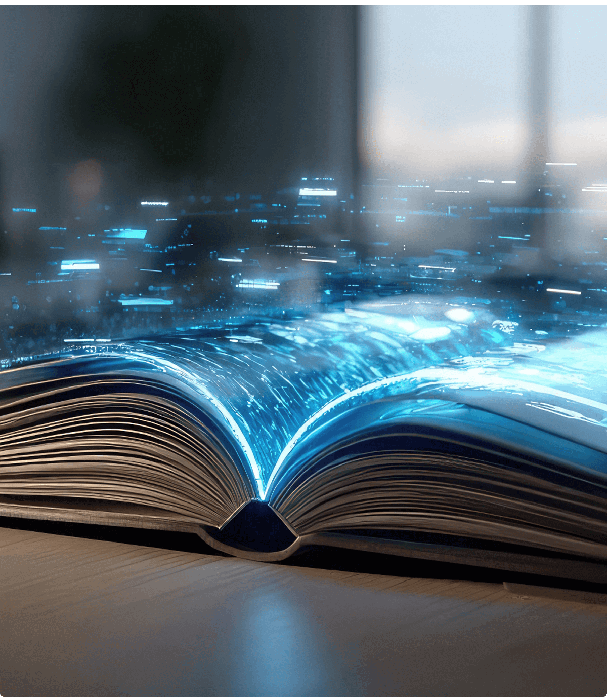 A book is open on a table with a bunch of neon blue digital static overlaying it.