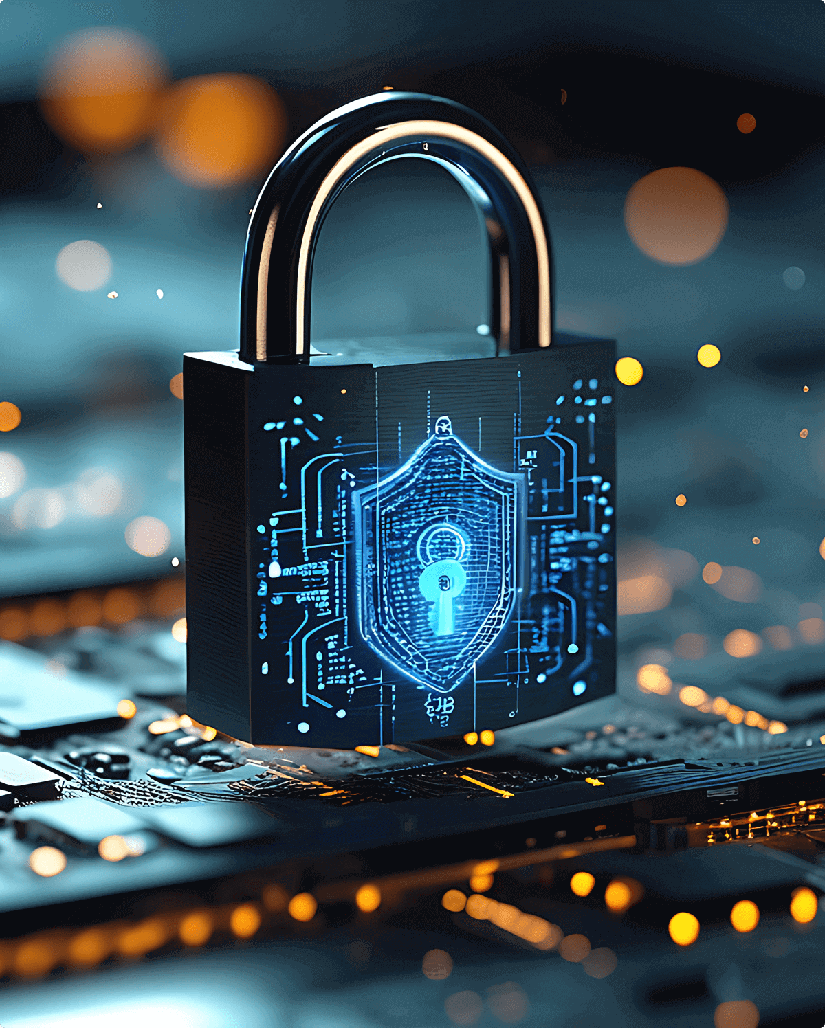 A circuit board with a lock hovering over it. There is a shield etched on it in blue neon with a key icon on it.