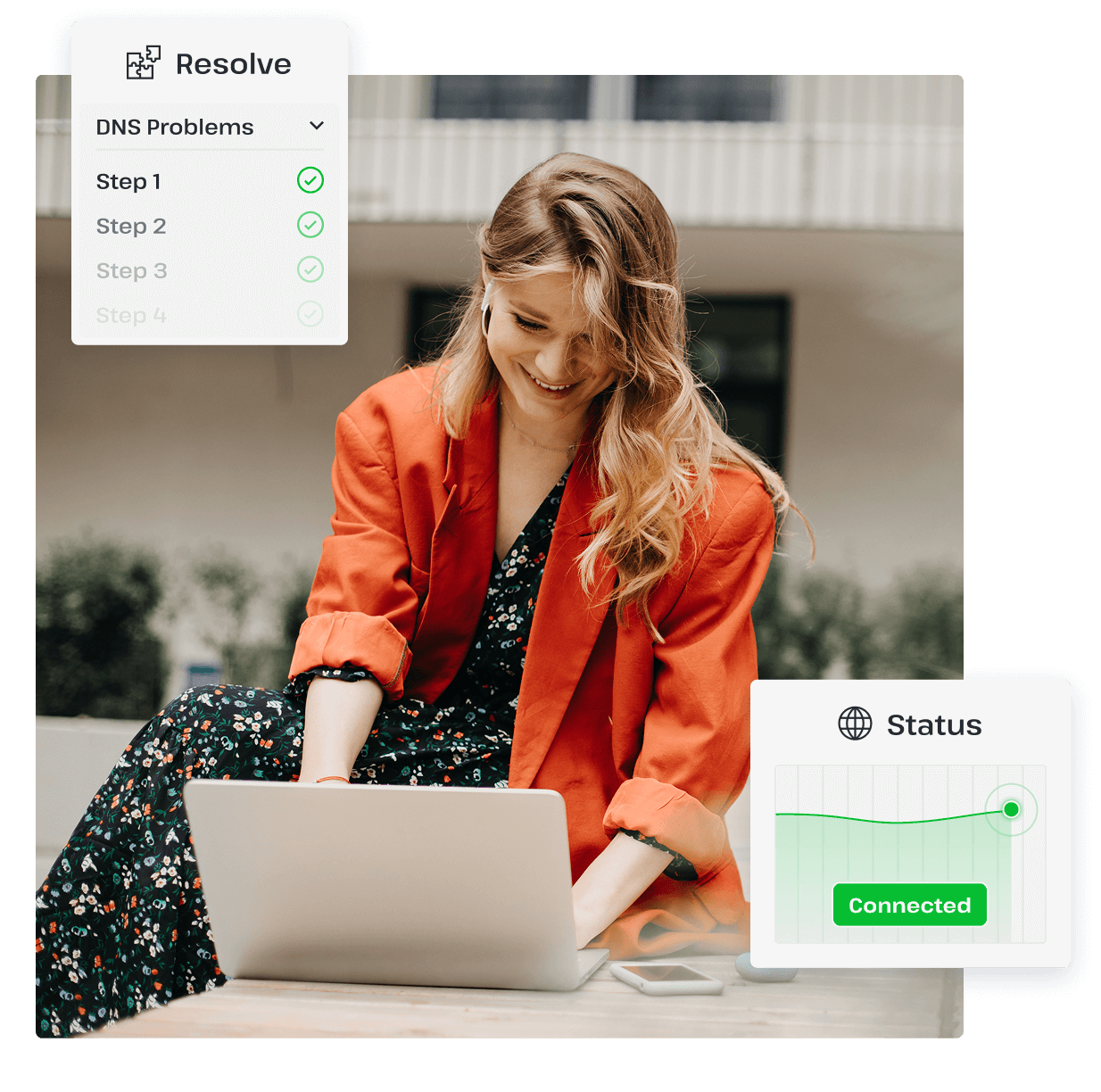 A woman on a laptop smiles as she fixes DNS problems.