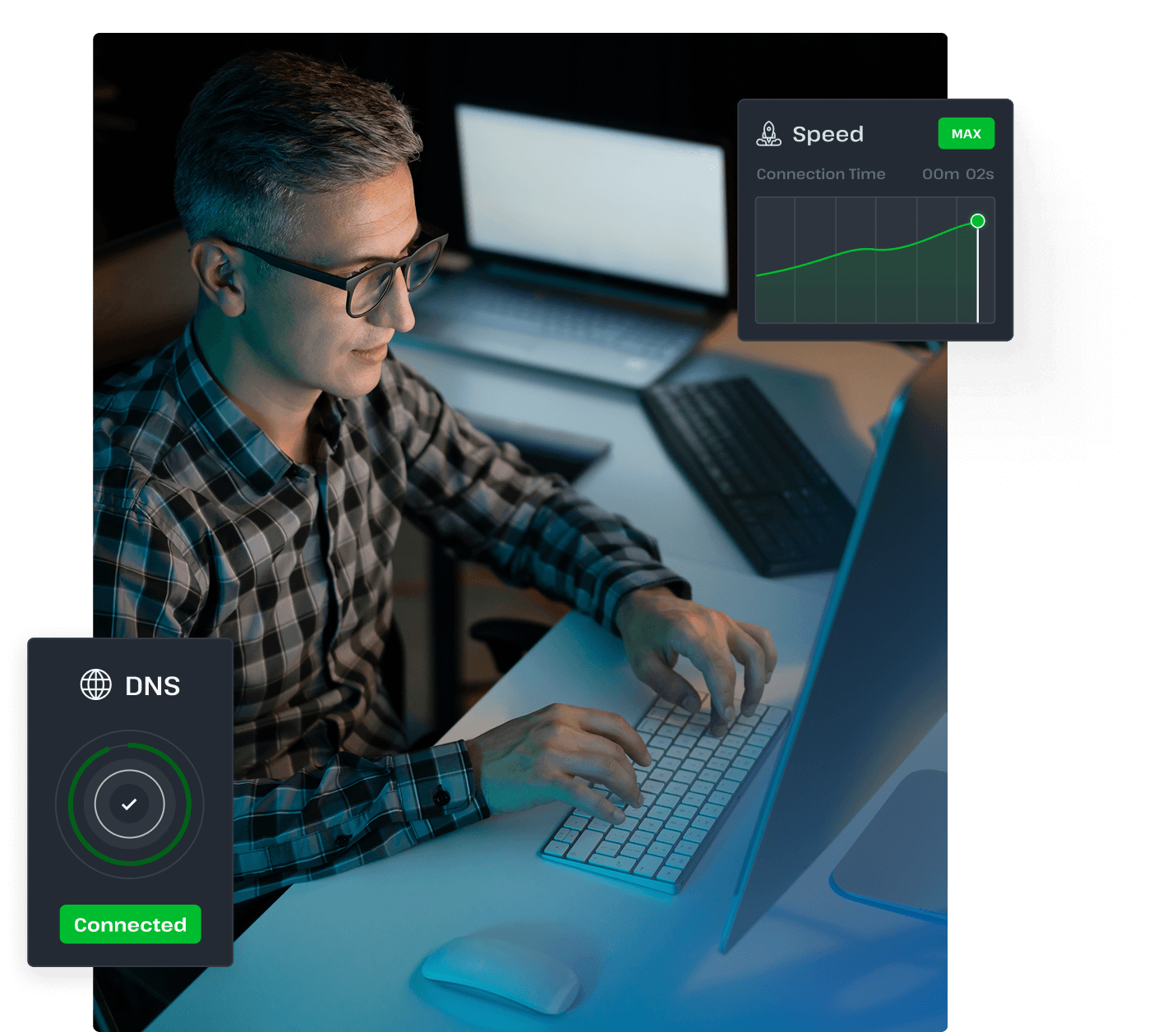 A man sits at a desk and types on a laptop, representing access to DNS servers through UsenetServer.