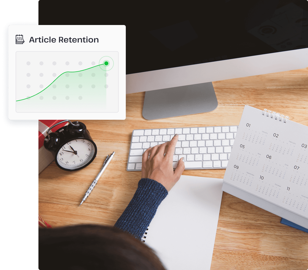 A desk showing a calendar, a clock, and a computer keyboard, symbolizing the length of article retention available by the Usenet provider UsenetServer.