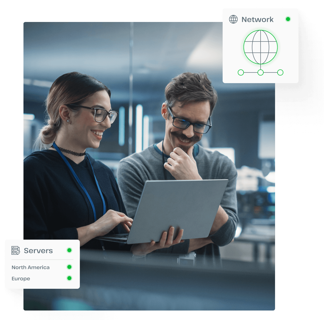 Two people are working on a laptop together, illustrating UsenetServer’s dedication to maintaining secure Usenet servers in North America and Europe.