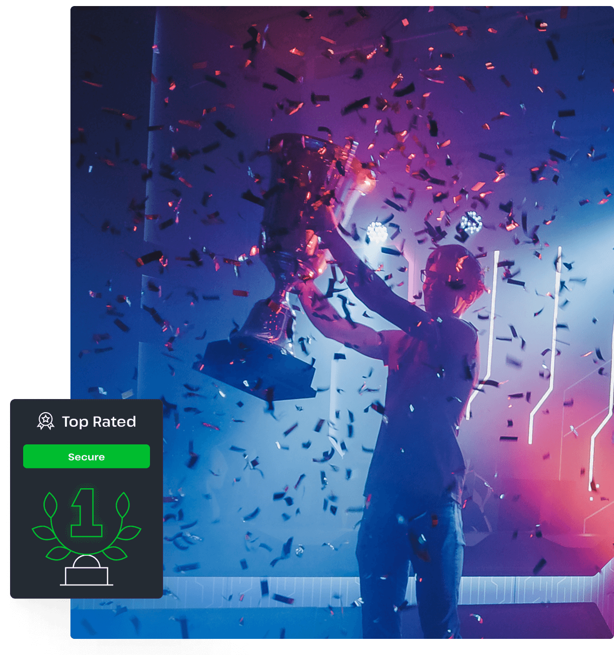 A person stands in a dark room with purple and blue lights, holding up a trophy, to illustrate that UsenetServer offers high-quality tier 1 Usenet access.