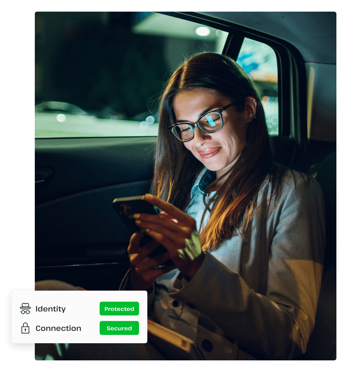A woman wearing glasses smiles at her phone in the back seat of a car, showing that you can enjoy your online experience on any device with UsenetServer’s powerful VPN.