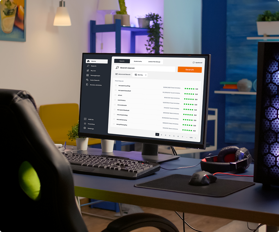 A desktop computer is open to Usenet where a Usenet user is accessing a Usenet client to browse for articles.