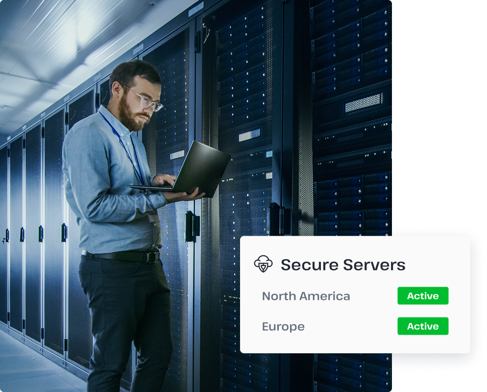 A man works in a Usenet server room, ensuring that UsenetServer users have access to premium servers in North America and Europe.