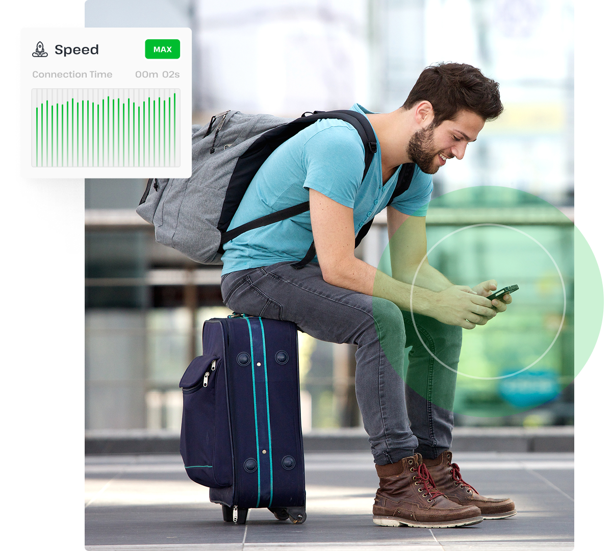 A man sits on a piece of luggage and connects to UsenetServer’s premium VPN while on the go.