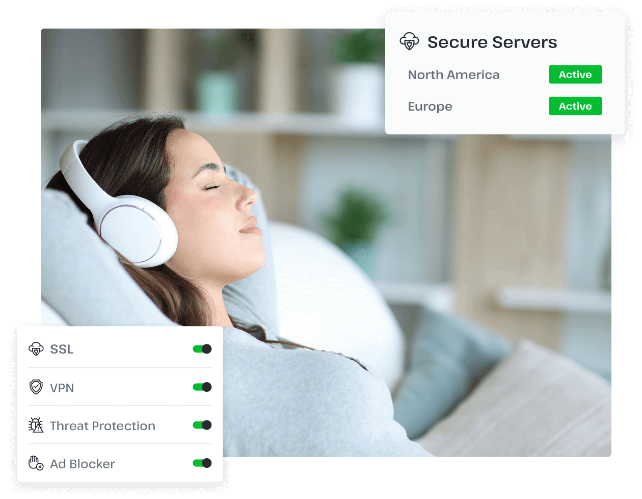 A woman is laying back with her eyes closed and is wearing headphones.