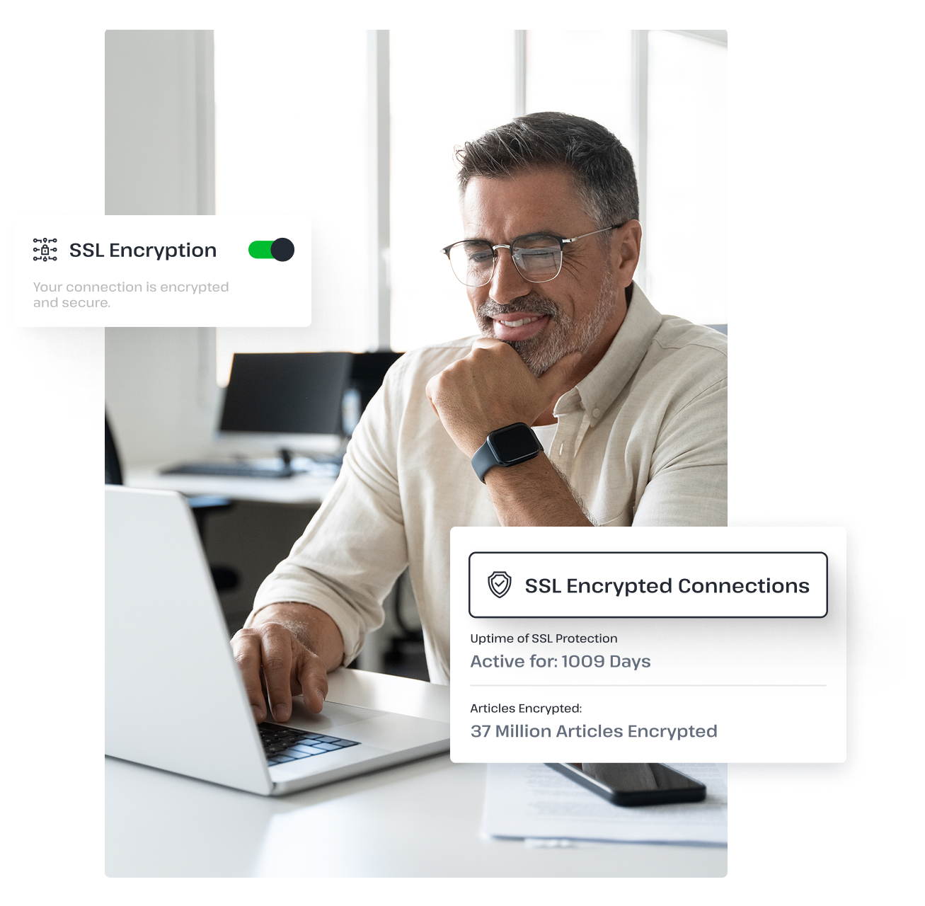 A smiling man uses a laptop at an office to browse Usenet with Usenet server next to pop-ups that show that he has an encrypted connection.