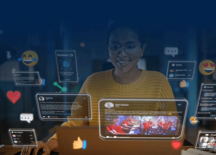 A woman stands in a Usenet server room with a laptop that bears the UsenetServer logo, showing the security and reliability of UsenetServer’s premium Usenet servers.