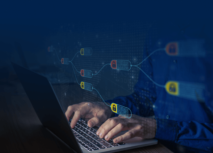 A person typing on an open laptop with a floating graphic of a lock over the keyboard to show that UsenetServer offers premium security benefits for Usenet users.