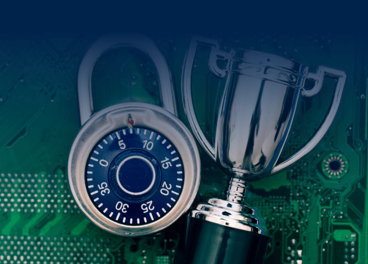 A woman stands in a Usenet server room with a laptop that bears the UsenetServer logo, showing the security and reliability of UsenetServer’s premium Usenet servers.