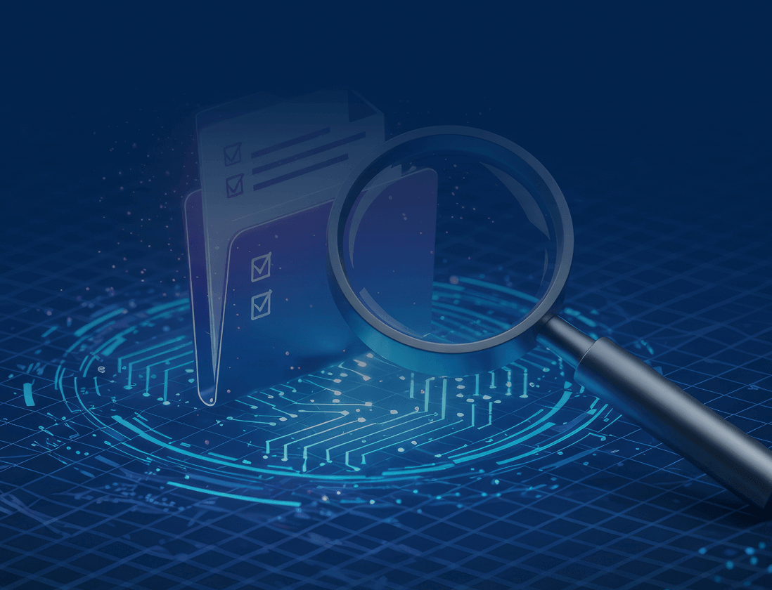 A digital grid with a hologram of a file folder hovering above it being examined for Usenet history details with a magnifying glass.