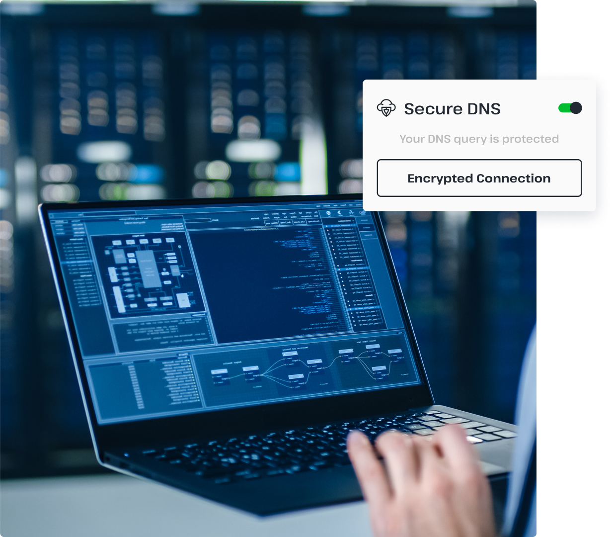 Someone working in a server room is accessing important information on a laptop, illustrating that UsenetServer offers access to premium Usenet servers and secure DNS functionality.