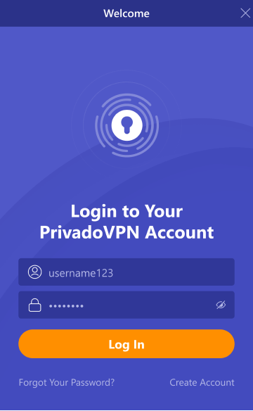 The PrivadoVPN app login page.