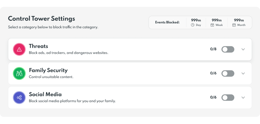The control tower settings from PrivadoVPN showing different options for online security.