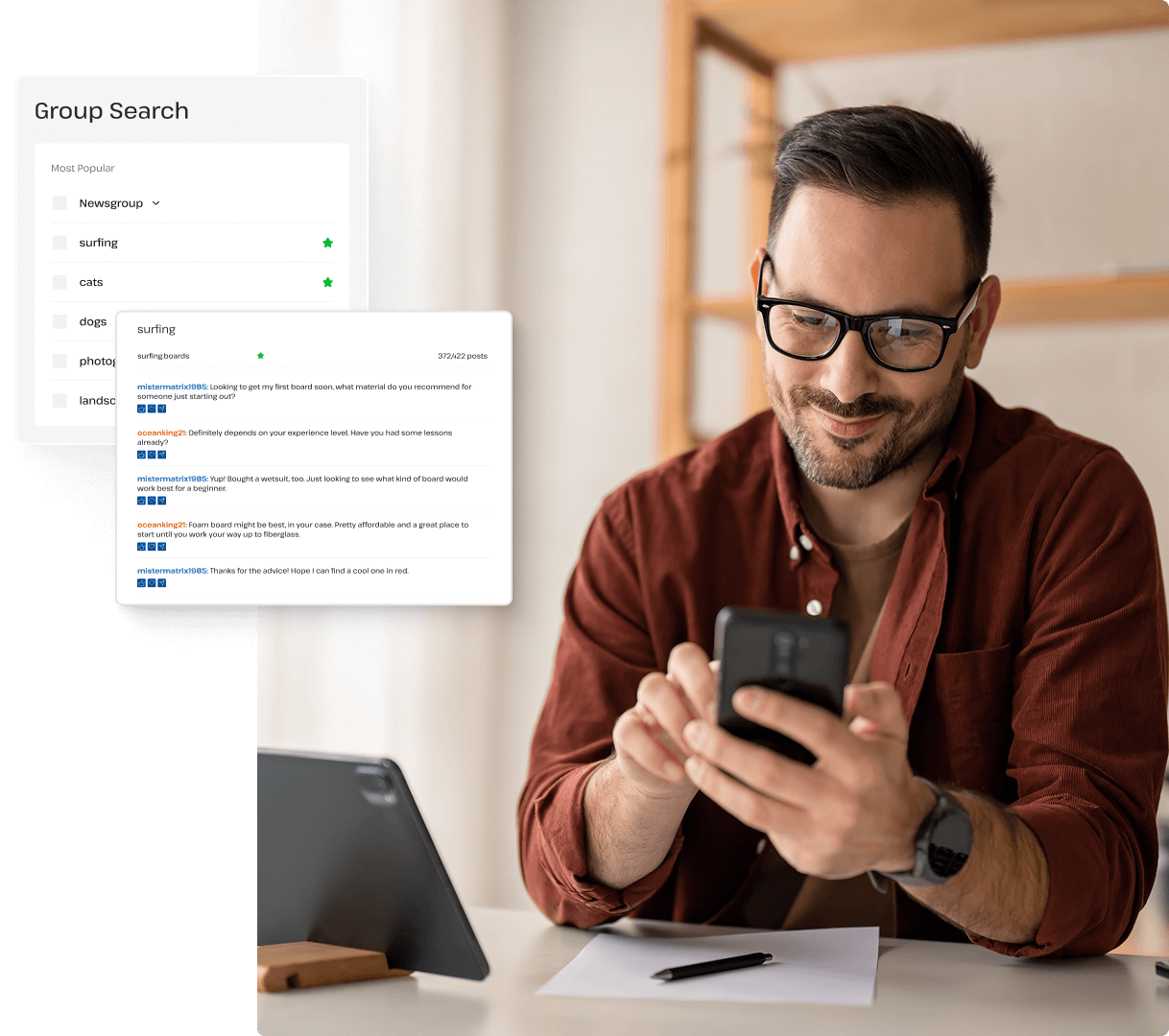 A man wearing glasses types on his mobile device as a pop-up window beside him depicts a casual Usenet discussion about surfboards, showing the difference between Usenet and social media.