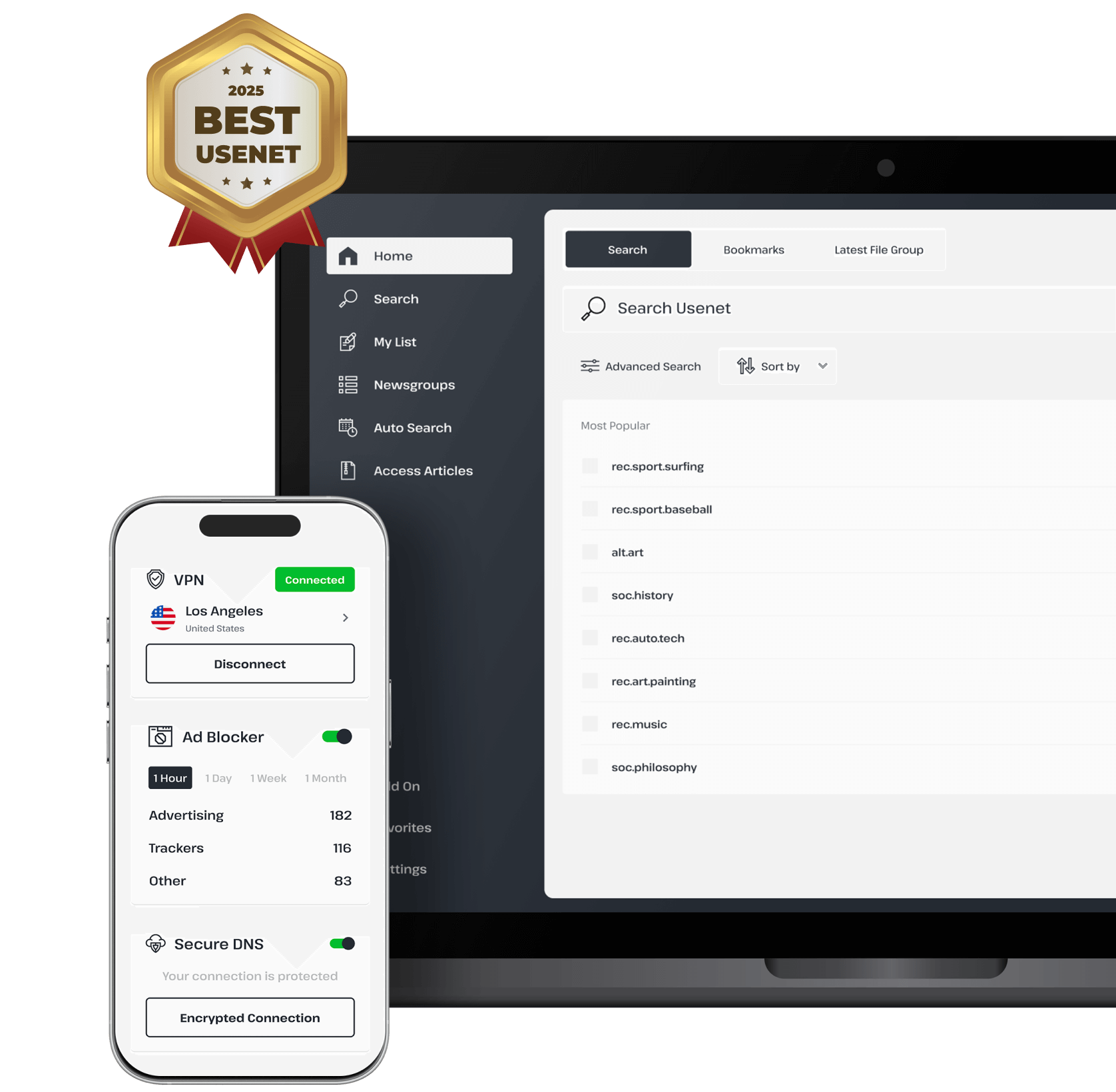 A laptop shows a Usenet search screen next to a badge that illustrates that UsenetServer offers the best Usenet service. Beside the laptop is an iPhone that shows UsenetServer’s premium VPN open to the ad blocker settings.