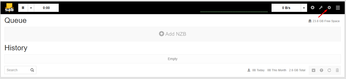 Image showing the SABnzbd main screen with a red arrow pointing at the gear icon that opens the Settings menu.