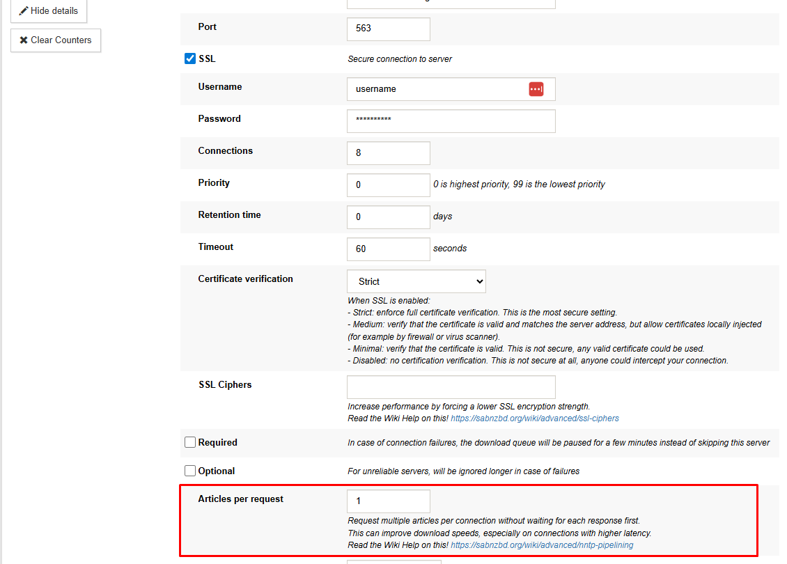 Image showing a server configuration in SBAnzbd with the "Articles per request" field highlighted with a red box.