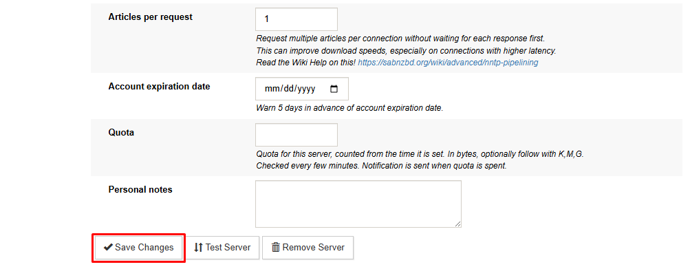 Image showing a server configuration in SBAnzbd with the "Save Changes" button highlighted with a red box.