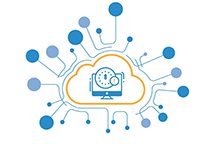 An icon of a cloud with a stopwatch inside of it on top of a computer monitor. There are various sized blue bubbles around it connected with blue lines.